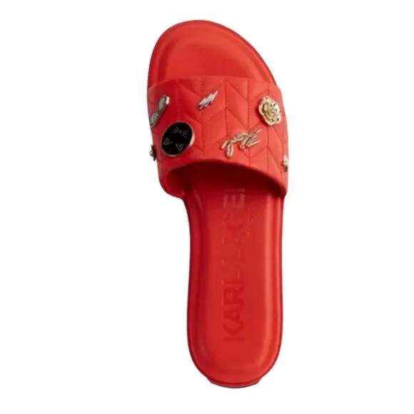 Karl Lagerfeld Women's Carenza Pins Leather Flat Slide Sandals Red Size 6 - Picture 3 of 3